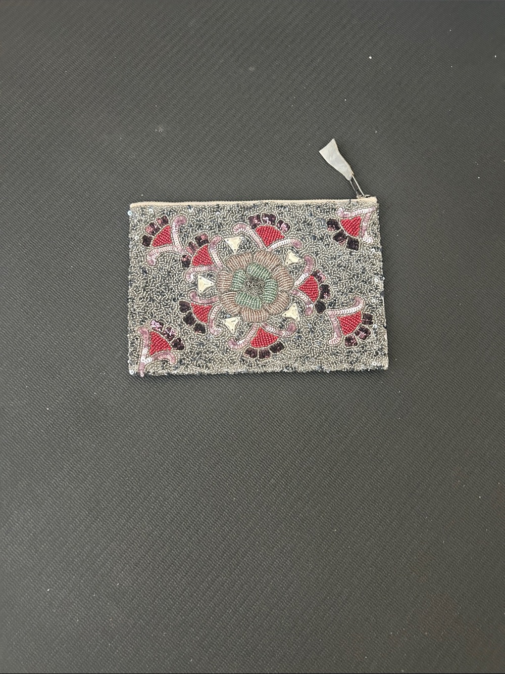 Beaded Floral Zip Pouch Clutch - Silver with Red Accents